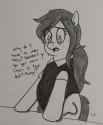 2933627__safe_artist-colon-pony+quarantine_oc_oc+only_oc-colon-anon-dash-mare_earth+pony_pony_clothes_dialogue_fat_female_grayscale_mare_monochrome_shirt_solo_s.jpg