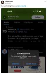 Twitter Election Interference.jpgWhen users went to follow @KamalaHQ, the official rapid response page for Harris’s campaign, they were greeted with a message that said they had reached their “limit” and could not follow any more accounts at this ti