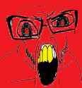 distorted glasses mustache open_mouth red_background soyjak stubble feraljak yellow_teeth zoomed