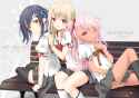 Konachan.com - 248067 black_hair blonde_hair braids hisagiyuu kneehighs loli long_hair miyu_edelfelt pink_eyes pink_hair ponytail ribbons short_hair skirt wink yellow_eyes