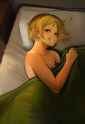 1girl, {{{artist_usergore}}}, indoors, bedroom, bedsheets, pillow, from above, s-759960677