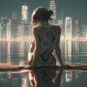 tech enhanced woman facing city