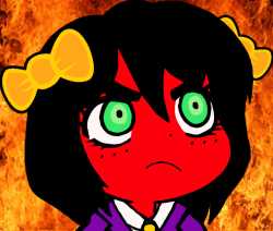 [www.bury.pink] bow green_eyes ebil black_hair red_skin fire white_shirt shirt frown tie yellow_bow blazer dress_shirt purple_blazer yellow_tie - 13122 (1)
