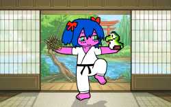 [www.yosho.io] bury bow red_bow green_eyes bury_pink split_mouth blue_hair pink_skin 2characters spikeman green_skin black_belt dojo karate_uniform martial_arts torii - 13091
