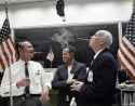 Gemini VII and Gemini VI-A success Flight Dir Kraft (left), MSC Dir Gilruth (right), Mercury astronaut Cooper (centre)