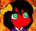 [www.bury.pink] bow green_eyes ebil black_hair red_skin fire white_shirt shirt frown tie yellow_bow blazer dress_shirt purple_blazer yellow_tie - 13122 (1)