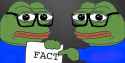 2 Pepes wearing matching blue outfits and eyeglasses holding a sign that reads “fact” while the Pepe on the left holds the sign as the Pepe on the right points to the sign