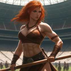 B-Verse_00117-Digital dungeons and dragons fantasy art Incredibly athletic redhead barbarian athlete attire midriff toned body large breasts, holding javelin, Olympic stadium