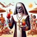 fantasy art; vulcan, on holiday, many tan lines, sun tanning, outfit inspired by nun, wearing ankh jewelry; well dressed waiter, bringing fancy drink