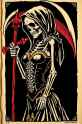 FXB-Verse_00041-hand carved linocut and inked [incredibly sexy skull skeleton woman, hood, wearing corset dress with golden trim, large breast, holding large red trim scythe] against a vibrant [BLACK] backdrop