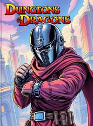 FXB-Verse_00042-Dungeons and dragons book, 1980s graphic design, faceless vigilante wearing full face helm, doing an action pose, in hopeful colorful futuristic city, set in the dragon ball universe