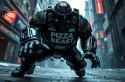 Pizza magazine ad, 2008 Extreme Dutch angle, cyberpunk bulky power armor with hard angles, painted black urban camo with corporate logo that says PIZZA BEAST, dutch angle, tilted camera, jumping towards viewer