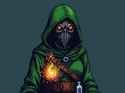 pc-98 ingame screenshot, pixellated, grainy, dithering, simple colors, simple background: [faceless female plague doctor full face beaked mask with tinted eye holes, hood, green attire, wearing potion belt, magical aura