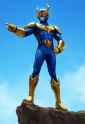 tokusatsu superhero style with blue metallic smooth armor and golden trims, gold s-374578000