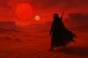 landscape image of a figure wrapped head-to-toe in black cloth with goggles covering eyes and with greatsword strapped to back wandering across a desert mesa bathed in the crimson light of one larger red sun a (2)