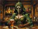 FXB-Verse-00120-D&amp;D book Style, medieval pub with glowing bottles] in the background, Incredibly sexy, FLUX Plague Doctor, behind bar, glowing glass of mead in middle of bar.PNG