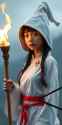 korean klan girl in white tunic, pointy hood capirote, semana santa, holding torch, hip level shot by jun suemi
