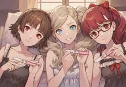 3girls, persona 5, side-by-side, portrait, group picture, dynamic pose, sitting, s-3003339284