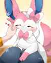 sylveon pet on side of head by human who climbing legs of