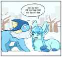 vaporeon licking glaceon and getting tongue stuck