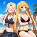 2girls, thinking, side-by-side, sitting, on wooden bench, outdoors, palm, sand, s-45400303