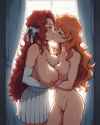 1666705556263430-1811324165-score_9, source_anime, 2girls, two women, standing, kissing, bedroom, dim lighting, BREAK_long hair, curly hair, red hair, blue