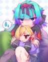 Locusta sitting hugging a Draco Plushie - Worried