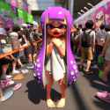 Splatoon inkling woman posing at Comiket, no shoes, damp hair, shy panicked expression, crying, bath towel wrap, attendees aghast, HD 3D_ca7f17a1-c663-4456-90ee-3e1ca34d4664