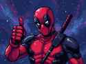 pixel art style pixels pixel art Deadpool, thumbs up, nebula background