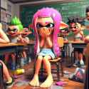 Splatoon inkling woman standing in classroom, embarrassed panic, crying loudly, barefoot, damp hair, slipping bath towel wrap, puddle of tears, classmates pointing and laughing, HD 3D_1f531bf7-fdff-4d54-af55-c12f01c5b007