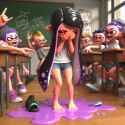 Splatoon inkling woman standing in classroom, embarrassed panic, crying loudly, barefoot, damp hair, black hair, slipping bath towel wrap, puddle of tears, classmates pointing and laughing, HD 3D_2d785098-ceef-4b4f-90e2-e7acb838f867