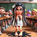 Splatoon inkling woman standing in classroom, embarrassed panic, crying loudly, barefoot, damp hair, black hair, slipping bath towel wrap, puddle of tears, classmates pointing and laughing, HD 3D_0e79900d-5546-45d9-be42-29042390c764