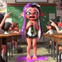 Splatoon inkling woman standing in classroom, embarrassed panic, crying loudly, barefoot, damp hair, black hair, slipping bath towel wrap, puddle of tears, classmates pointing and laughing, HD 3D_03dc619e-6b4d-400d-a4b4-1f924bc4cdb1