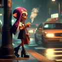 Splatoon inkling woman standing at street corner under street lamp, somber smoke break, school uniform with short skirt, high heels, luxury handbag, earrings, cars passing, night scene, pregnancy, HD 3D_45d6b432-96b3-474a-bba4-4c3822537b7e