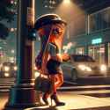 Splatoon inkling woman standing at street corner under street lamp, somber smoke break, school uniform with short skirt, high heels, luxury handbag, earrings, cars passing, night scene, pregnancy, HD 3D_96410206-2f25-447e-85fd-30fc6d08b64a