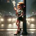 Splatoon inkling woman standing at street corner under street lamp, somber smoke break, school uniform with short skirt, high heels, luxury handbag, earrings, cars passing, night scene, pregnancy, HD 3D_2d6ad7fc-ce0f-49b0-b1ab-b1d413a6382f