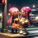 Two Splatoon inkling girls standing at street corner under street lamp, joyful smoke break, summer school uniforms, luxury handbags, earrings, cars passing, night scene, HD 3D_cea7f6bb-0f32-4f2f-a2ed-b88ee7e53e91