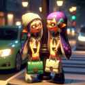 Two Splatoon inkling girls standing at street corner under street lamp, joyful smoke break, summer school uniforms, luxury handbags, earrings, cars passing, night scene, HD 3D_37d5ef4e-c982-4f64-a61e-53d47ba72687