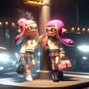 Two Splatoon inkling girls standing at street corner under street lamp, joyful smoke break, summer school uniforms, luxury handbags, earrings, cars passing, night scene, HD 3D_5c71c12b-6819-4926-a789-892a48deba2e