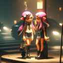 Two Splatoon inkling women standing at street corner under street lamp, somber smoke break, school uniform with short skirt, high heels, luxury handbag, earrings, cars passing, night scene, pregnancy, HD 3D_f3df47c1-5f9b-453f-bd7b-8651d7a3f7b9