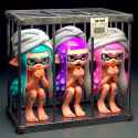 Three Splatoon inkling girls confined in a 3&#039; x 3&#039; cubic enclosure, very sad crying expression, barefoot, damp hair, bath towel wrap, price tag on frame, industrial steel, HD 3D_69e5ff3a-51ef-4373-b16c-71f41218262d