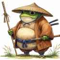 waterpaint in the style of tsubasa masao,akihiko yoshida style , fat ronin frog,brown ronin attire ,wielding a bamboo staff,straw hat, full presentation, grass ground