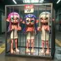 Three Splatoon inkling girls confined in a 3x3 cubic enclosure, very sad crying expression, barefoot, damp hair, bath towel wrap, sale tag labeled &#039;$5 each&#039; on industrial steel frame, abandoned warehouse background, HD 3D_b987528e-fbfc-4de3-8d0c