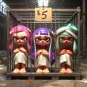 Three Splatoon inkling girls confined in a 3x3 cubic enclosure, very sad crying expression, barefoot, damp hair, bath towel wrap, sale tag labeled &#039;$5 each&#039; on industrial steel frame, abandoned warehouse background, HD 3D_2fe5ada4-3c39-410a-a605