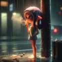 Distant view of Splatoon inkling woman standing on street corner under street lamp, cigarette in hand, sad crying expression, barefoot, damp hair, bath towel wrap, heavy rain, HD 3D noir_c6894464-2779-4dd1-b556-b057fa0eb09f