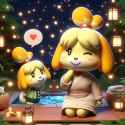 Isabelle from Animal Crossing posing in Japanese zen garden, fireflies in background, blushing shy expression with wink, bath towel wrap, text bubble reads &#039;I&#039;ll do my best&#039;, early evening with bright stars, HD 3D_3eb247d0-c189-49c5-8420-28