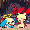 2 boys, {Digital ink, thick outlines, cute, Chibi}, detailed background, cavern, s-3167105723