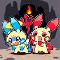 2 boys, {Digital ink, thick outlines, cute, Chibi}, detailed background, cavern, s-1971357086