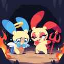 2 boys, {Digital ink, thick outlines, cute, Chibi}, detailed background, cavern, s-2200951830