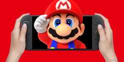 super-mario-holding-his-hat-while-merging-from-hand-held-nintendo-switch-2-on-red-background-2x1-composite